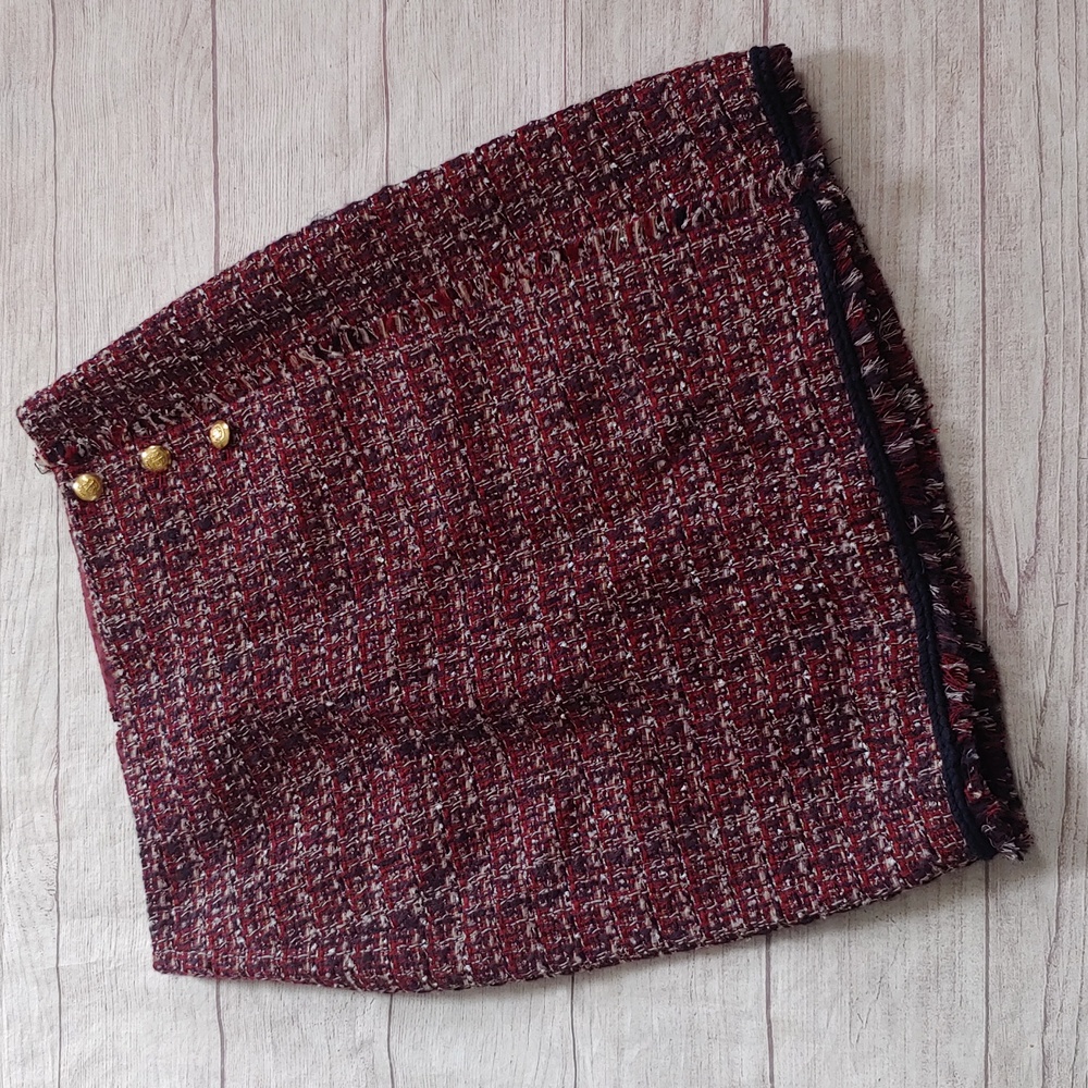 TALBOTS WOVEN MOCK WRAP SKIRT WITH FRINGE